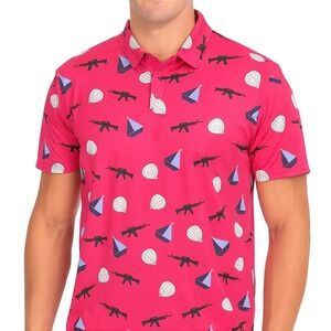 All Day Sports Golf Polo Shirt Men's XL Pink AR15 Rifle Hot Air Balloon Sailboat